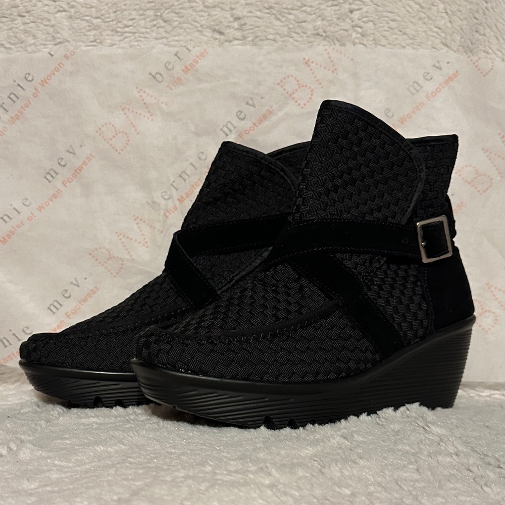 Bernie Mev Black Wedge Woven Ankle Boots - Women’s Comfort Slip-On Size 38/7